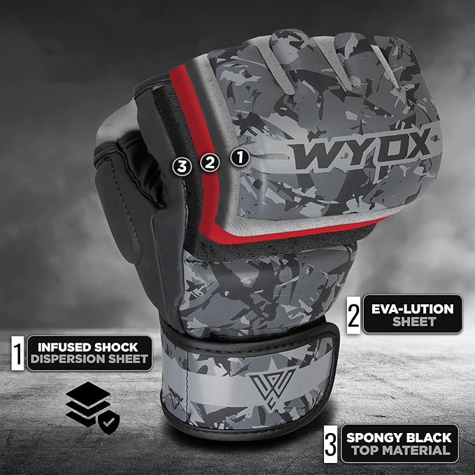 WYOX MMA Gloves for Men & Women – Grappling & Sparring Boxing Gloves with Open Palm Design, Padded Fingerless Training Gloves for Kickboxing, Muay Thai, Youth & Heavy Bag Workouts