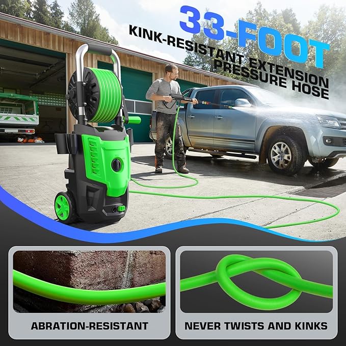 4800 PSI Pressure Cleaner- 4.0 GPM High Power Cleaner with 33FT Hose Reel, 4 Spray Tips and Soap Bottle for Car Washing, Fence Cleaning, Patio Maintenance（Upgraded）(Light Green)