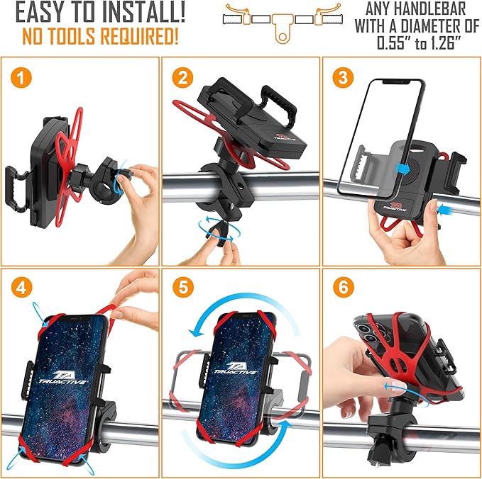 TruActive Premium Bike Phone Mount Holder | Universal Cell Phone Mount for 4"-7" Phones | Includes 6 Reusable Color Bands | Tool Free Handlebar Mount for Bicycle, Motorcycle, Electric Scooter, ATV