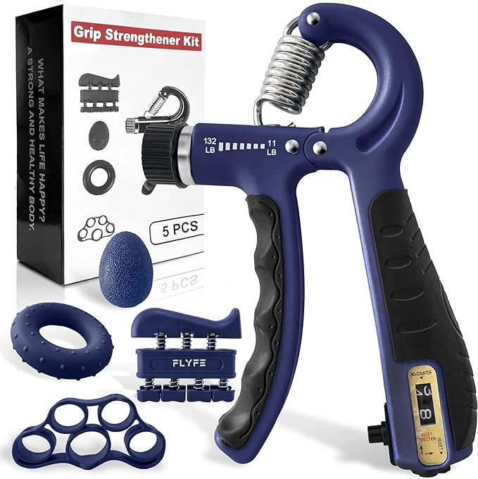 FLYFE Grip Strength Trainer Kit (5 Pack), Forearm Strengthener, Hand Squeezer Adjustable Resistance, Finger Stretcher, Grip Ring, Relief Ball and Finger Exerciser for Men and Women, Injury Recovery