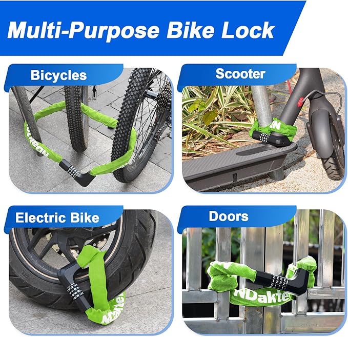 NDakter Upgrade Bike Chain Lock with 4 Digit Combination and 2 Keys, 3.2/4.28 Ft Heavy Duty Anti-Theft Bicycle Lock, 2 Ways to Unlock High Security Scooter Locks for Ebike, Escooter, Door