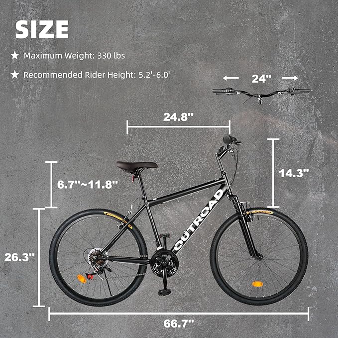 26-inch Mountain Bike, Iron Frame, 7/21-Speed Front and Rear V-Brakes MTB with Lock-Out Suspension Fork for Men and Women Black