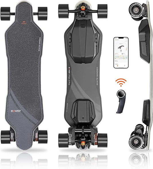 Exway Flex 2 Pro Electric Skateboard Longboard with Remote, Build in Light System, Top Speed of 31 Mph, 25miles Range, Elastic Composite Deck, Electric Longboard for Adults & Youths