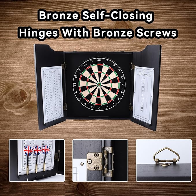 GSE Games & Sports Expert Professional Solid Wood Classic Dartboard Cabinet with Sisal/Bristle Dartboard, Scoreboard, and 6 Steel Tip Darts, Easy Assembly Complete with All Accessories (Black)