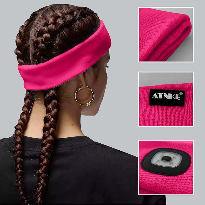 ATNKE 4 LED Lighted Sport Sweatband,USB Rechargeable Running Head Band Lamp High Stretch Wicking Gifts for Men and Women