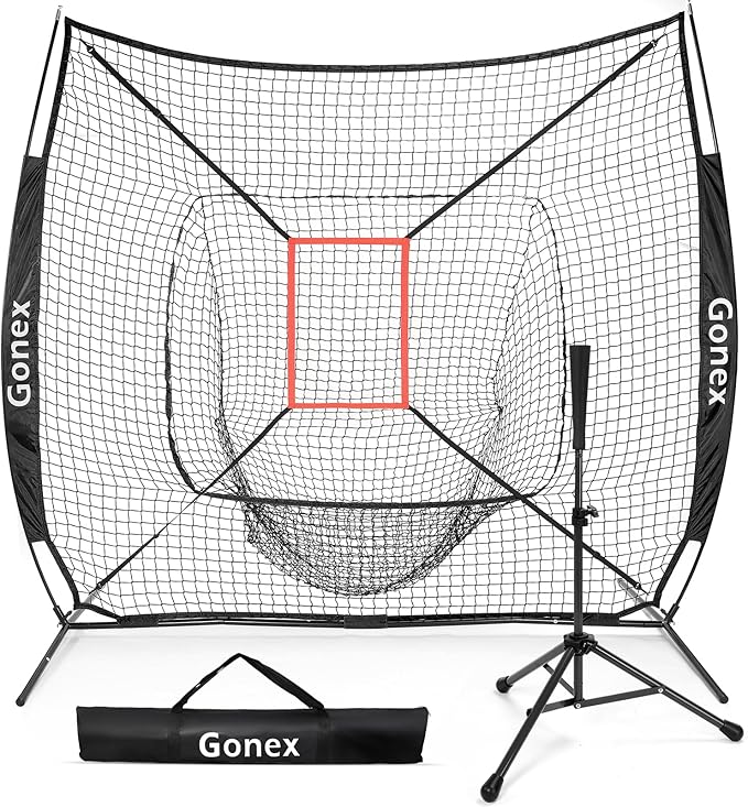 Gonex 7' x 7' Baseball Softball Practice Net Set with Batting Tee for Hitting and Pitching Batting, Practice Training Aid, with Strike Zone, Large Mouth, Bow Frame, Carrying Bag