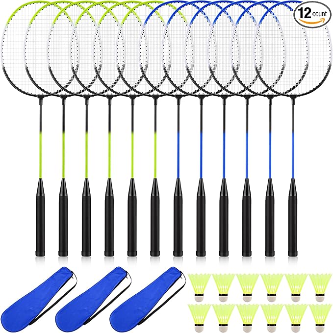 12 Pack Badminton Rackets Set Including Rackets, Nylon Shuttlecocks and Carry Bag for Outdoor Backyard Games Beginners