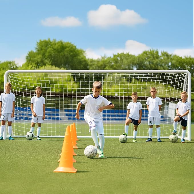 MOPHOTO 6x4/8x6/10x6.5/12x6/16x7ft Soccer Goals for Backyard, Foldable Steel Soccer Goal with 6 Cones, Weatherproof Soccer Goal for Teens/Adults Practice Training