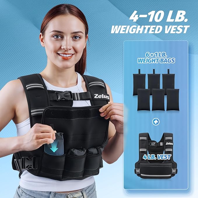 ZELUS Weighted Vest for Women Men, 4-10lb/11-20lb/20-32lb Adjustable Weight Vest with 6 Iron Sand Bags, U-Shaped Rucking Vest with Adjustable Buckle Straps, Workout Vest for Strength Training, Black