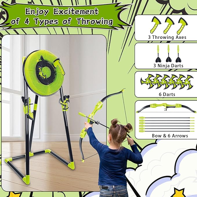 4 in 1 Axe Throwing Target Set for Backyard Kids Adults, Includes Bristle Target, Bow & 5 Arrow, 3 Throwing Axes, 3 Ninja Stars, 6 Darts, Safe Plastic Archery Yard Game for Outdoor Indoor