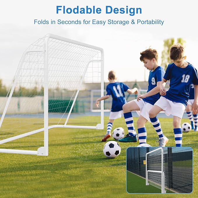 MOPHOTO 6x4/8x6/10x6.5/12x6/16x7ft Soccer Goals for Backyard, Foldable Steel Soccer Goal with 6 Cones, Weatherproof Soccer Goal for Teens/Adults Practice Training