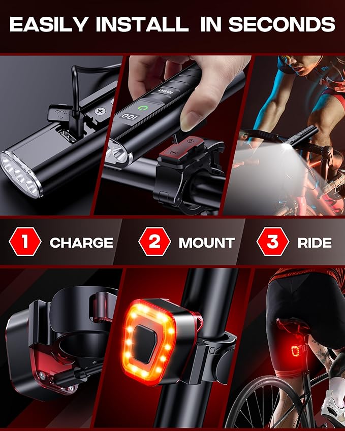 High Lumen Bike Light Set, Prasky Rechargeable Bicycle Lights Front and Rear, Super Bright LED Headlight, IP65 Waterproof Multiple Modes Road Mountain Bike Lights for Night Riding