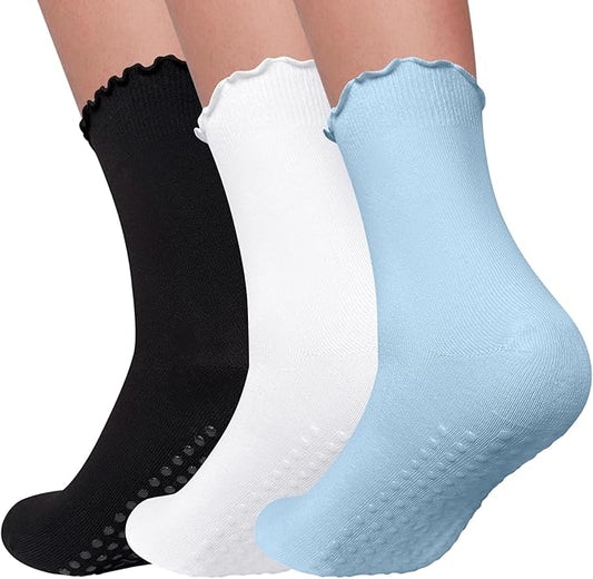 3 Pairs Pilates Socks with Grips Non Slip Ruffle Yoga Grip Socks for Women