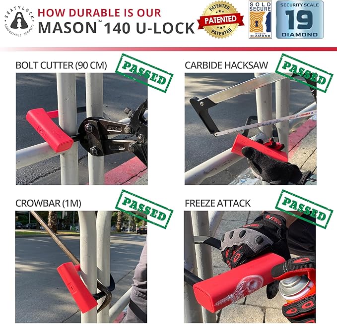 Seatylock Mason Bike U Lock - Patented Heavy Duty Anti Theft Diamond Secure ULock - Ultra Security Bicycle Safety Tool with Keys for City Electric or Mountain Bikes and Scooters