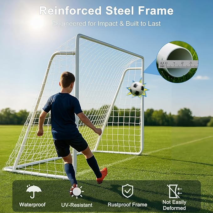 MOPHOTO 6x4/8x6/10x6.5/12x6/16x7ft Soccer Goals for Backyard, Foldable Steel Soccer Goal with 6 Cones, Weatherproof Soccer Goal for Teens/Adults Practice Training
