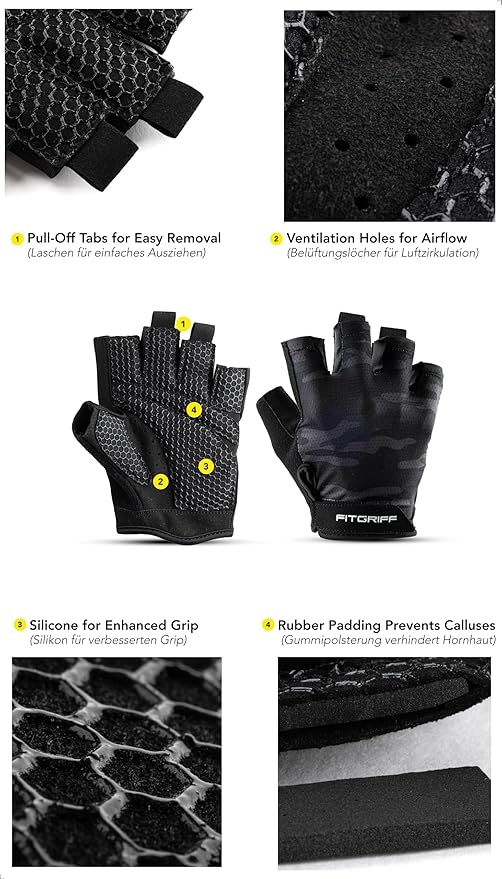 Fitgriff® Workout Gloves (Padded) for Men & Women - Fingerless Gym Gloves for Weight Lifting, Training - Full Palm Protection, Size : 7