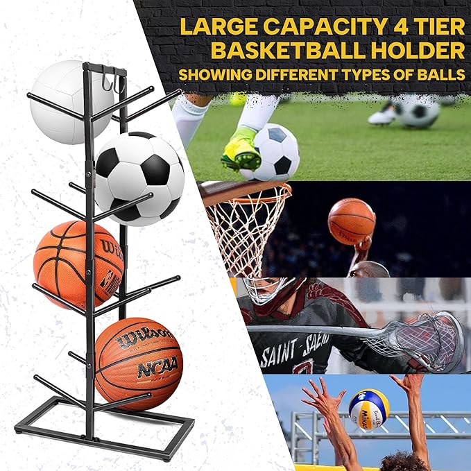 GENMOUS 8-Ball Basketball Holder - 34.5" Tall Double Side Metal Rack Display Stand for Basketball, Football, Volleyball Storage - Sports Decor for Home, Garage, Indoor, Outdoor Ball Storage