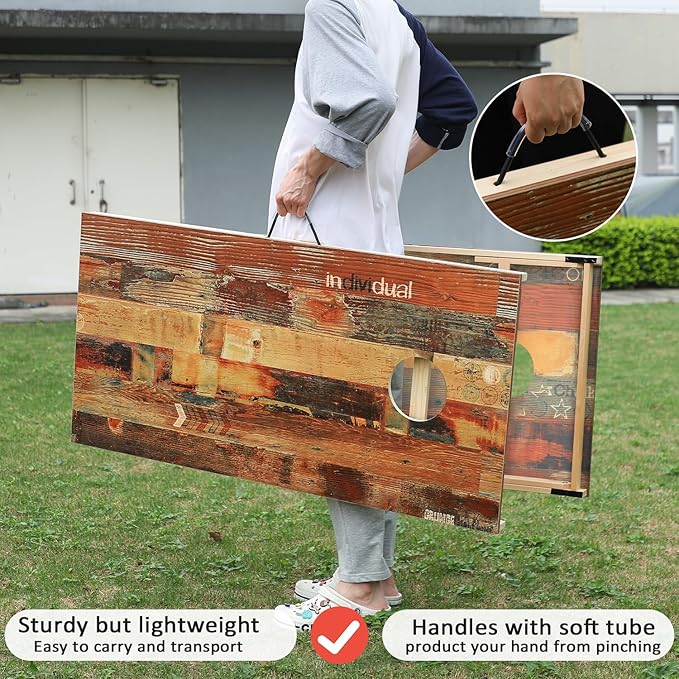 UKASE Solid Wood Regulation Size Cornhole Set Portable Bean Bags Toss Game with Durable Wood Grain Printed Surface and Underneath for Indoor and Outdoor