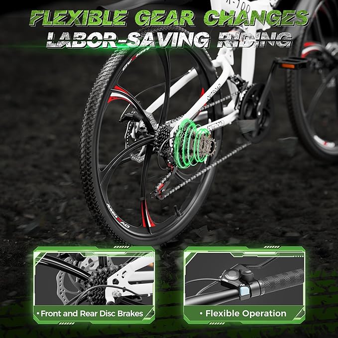 Outroad 26 Inch Folding Mountain Bike, 21 Speed Full Suspension High-Carbon Steel MTB Foldable Bicycle, Dual Disc Brake Non-Slip Folding Bikes for Adults/Men/Women, Black, Orange and Green