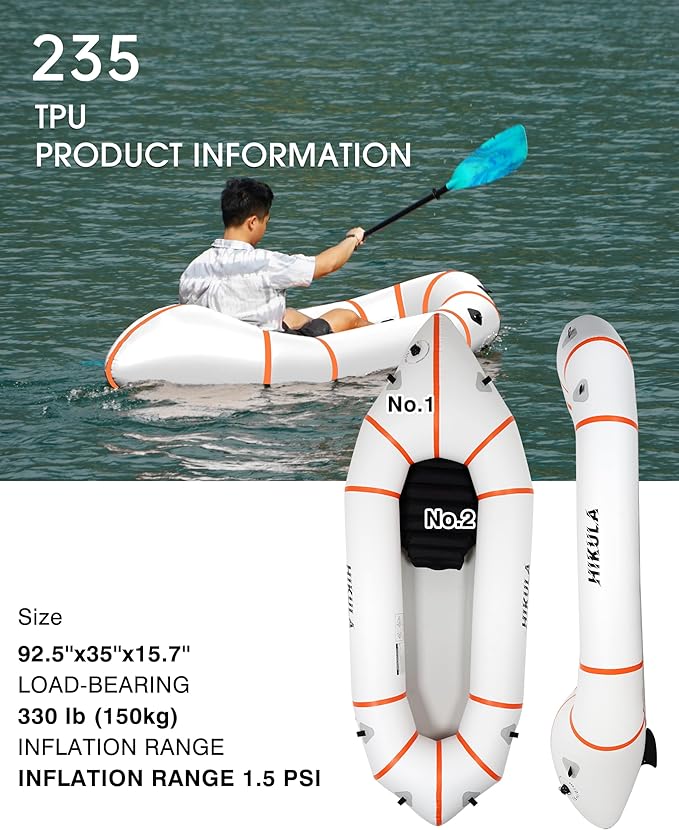 Lightweight Packraft TPU - Inflatable Kayak for Adults & Kids, Durable, Compact, Rapid Inflate, for Flat Water Rafting, Bicycle Drifting, Litewater Dinghy