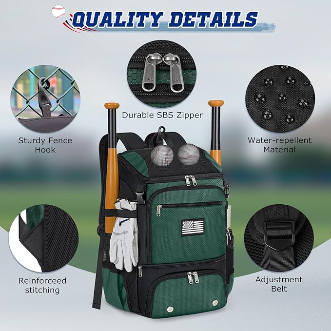 RAINSMORE Baseball Backpack, Lightweight Softball Bag with Shoe Compartment Baseball Bag for Youth & Adult Softball Bat Bag with Fence Hook Helmet Holder Sports Backpack for T-Ball