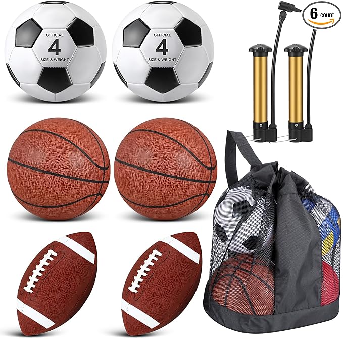 Lenwen 6 Pcs Sport Balls Set for Kids Teens, Include Official Size Basketball Football Soccer Ball with Sport Equipment Bags and Pumps for Training Practice Back to School