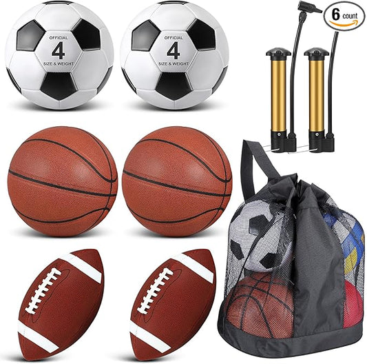 Lenwen 6 Pcs Sport Balls Set for Kids Teens, Include Official Size Basketball Football Soccer Ball with Sport Equipment Bags and Pumps for Training Practice Back to School