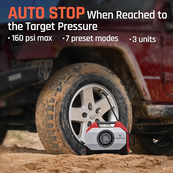 ETENWOLF VORTEX S6 Tire Inflator Portable Air Compressor for Heavy-duty Vehicle, Cordless Air Pump for Car & Inflatables with 19200 mAh Battery, 100% Duty Cycle & Dual Cylinder Bike Pump, Red