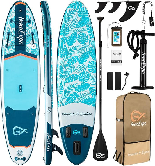 InnoExpo 11' Inflatable Stand Up Paddle Boards with Premium Accessories, Wide Stable SUP Paddle Board Design, Non-Slip Comfort Deck for Youth & Adults