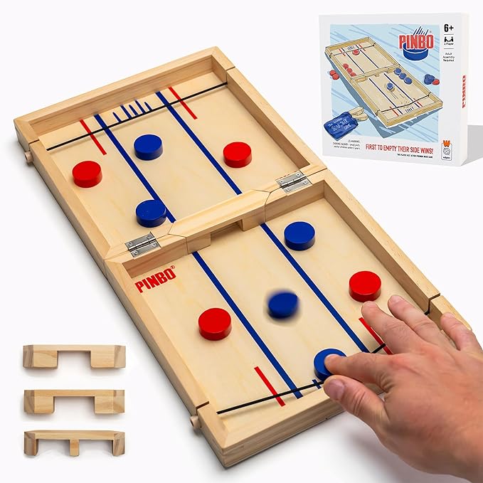Pinbo The Classic Slingshot Game | Fast Action Foldable 2-Player Tabletop Wooden Game for Kids & Adults | Great for Travel & Game Night | Three Gates Included
