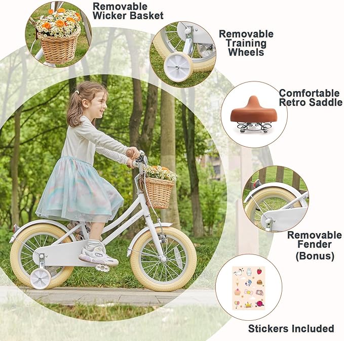 Glerc Little Molly 12-20 Inch Kids Retro Cruiser Bike for 2-13 Year Old with Wicker Basket & Training Wheels/Kickstand, Multiple Colors