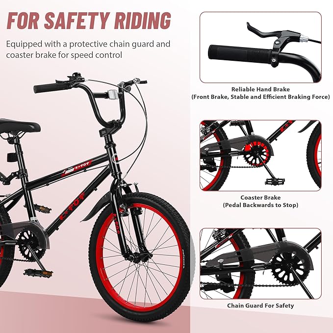 20 Inch Freestyle BMX Bike Bicycles, 20 Inch Boys Bikes Kid Bicycle for 7-12 Years Old Kid and Beginner Level Rider, Single Speed, Outdoor Cycling Bike Kids Mountain Bike, Multiple Colors
