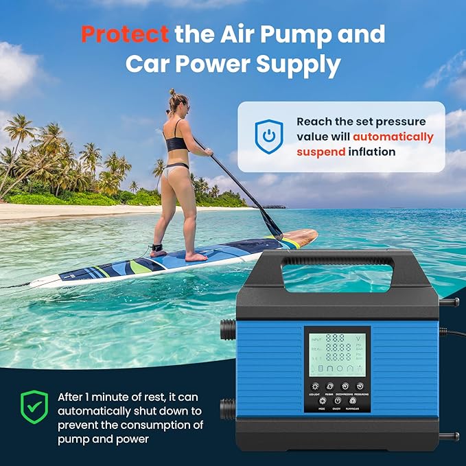 20PSI Paddle Board Pump, Sup Pump Electric Portable with Auto-Off/Deflation, Dual Stage 12V DC Car Connector Air Pump for Inflatables, Kayak and Air Mattress