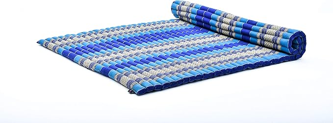 Leewadee - Foldable Floor Mattress - Japanese Roll Up Futon -Trifold Tatami Mat- Guest Floor Bed - Camping Mattress - Thai Massage Mat, Kapok Filled, 75 x 57 inches, Blue