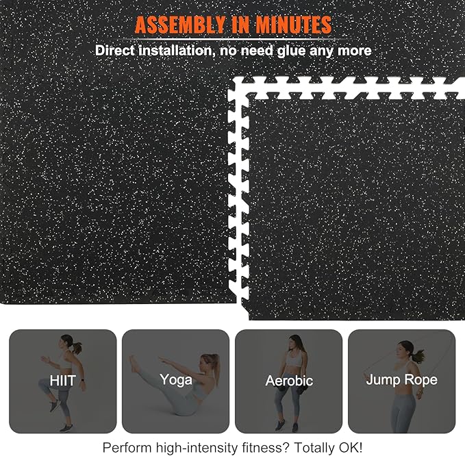 VEVOR 0.56 Inch Thick Gym Floor Mats, Rubber Top with EVA Foam, 25" x 25" Gym Flooring Workout Mats, Interlocking Puzzle Gym Mats for Gym, Home, Garage
