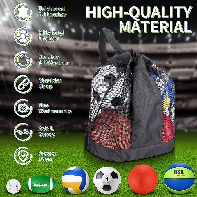 Realspring 6 Pcs Multi Sport Ball Set for Kid Teen Operation Christmas Official Size Football, Basketball, Soccer, Volleyball, Playground Ball, Baseball with Sports Equipment Bag Pump