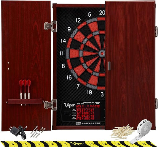 Viper by GLD Products Neptune Electronic Dartboard Cabinet Combo Pro Size Over 55 Games Large Auto-Scoring LCD Cricket Display Extended Dart Catch Area 16 Player Multiplayer with Soft Tip Darts and Power Adapter , 21.5" L x 26.5" W x 3.5" H