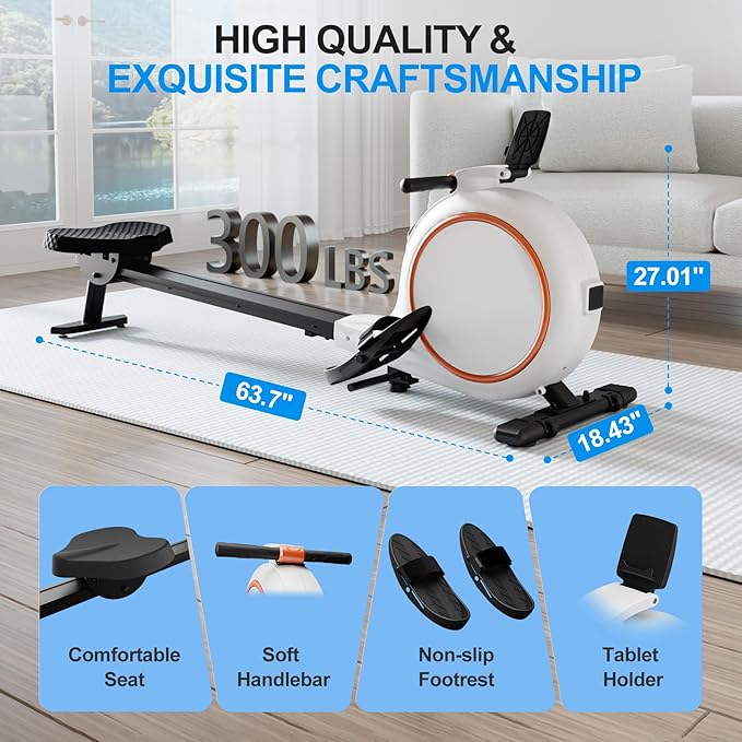 Rowing Machine, Magnetic Rowing Machines for Home with 300lb Weight Capacity, 32-Levels Quiet Adjustable Resistance, Compact Rower Machine with Tablet Holder, Bluetooth&App Compatible