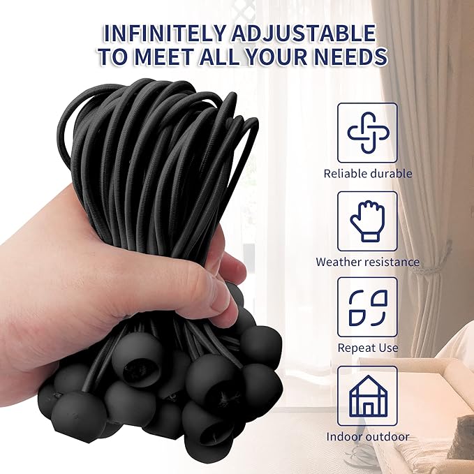6 Inch Ball Bungee Cords, Heavy Duty UV Resistant Elastic Strap, Reusable Tie Down Cord with Balls, Indoor Outdoor Cords for Golf Net, Soccer Goals, Camping, Tent Poles, Hose (Black, 50 Pack)