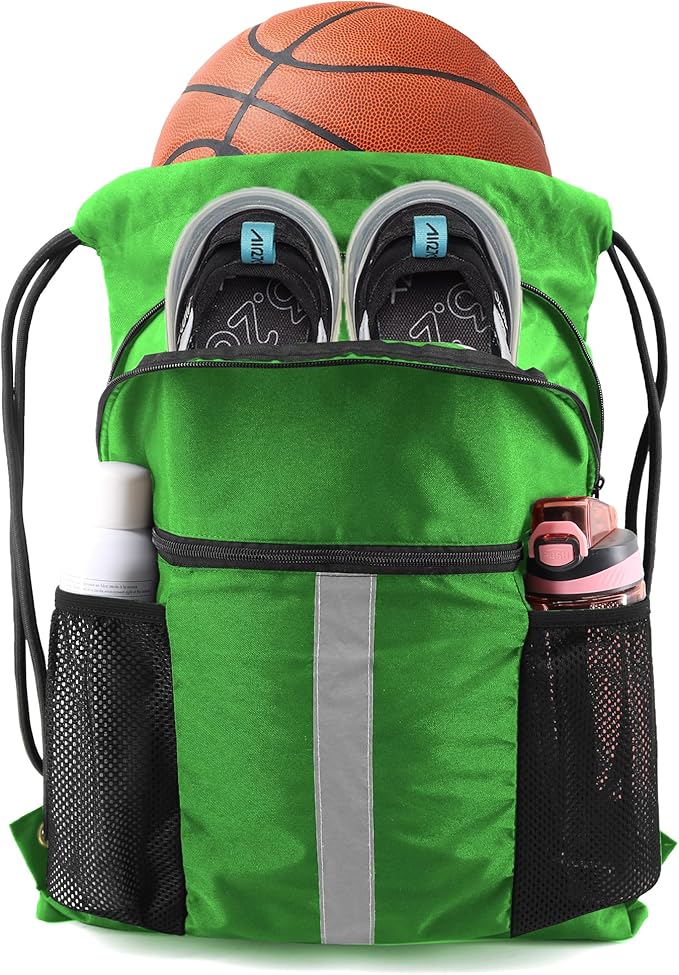 BeeGreen Drawstring Backpack Bag with Shoe Compartment, X-Large Black Gym Sports String Cinch Backpack