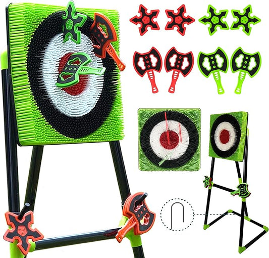 Family Axe Throwing Game for Backyard Fun | Safe Bristle Target Set with 4 Axes & 4 Darts for Kids & Adults | Lightweight & Portable for Carnival, Camping, Party and Indoor/Outdoor Games