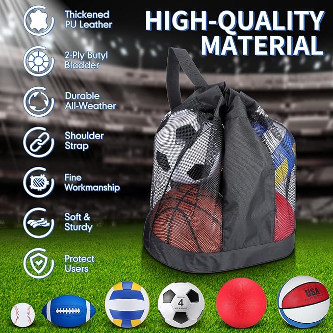 Realspring 6 Pcs Multi Sport Ball Set for Kid Teen Operation Christmas Official Size Football, Basketball, Soccer, Volleyball, Playground Ball, Baseball with Sports Equipment Bag Pump