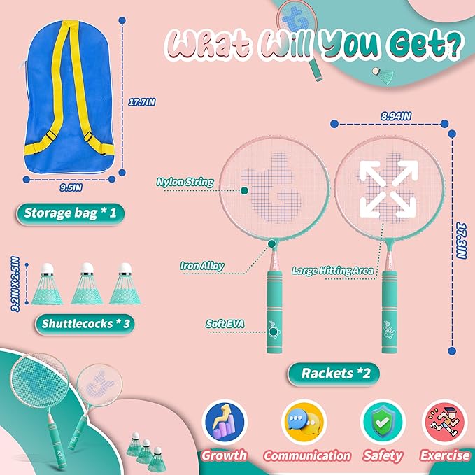 JOY SPOT! Kids Badminton Rackets Set with Soft Grip, Oversize & Lightweight Shuttlecocks Racquet with Carry Bag for Children Youth, 2 Player Sport Game for Indoor Outdoor Backyard
