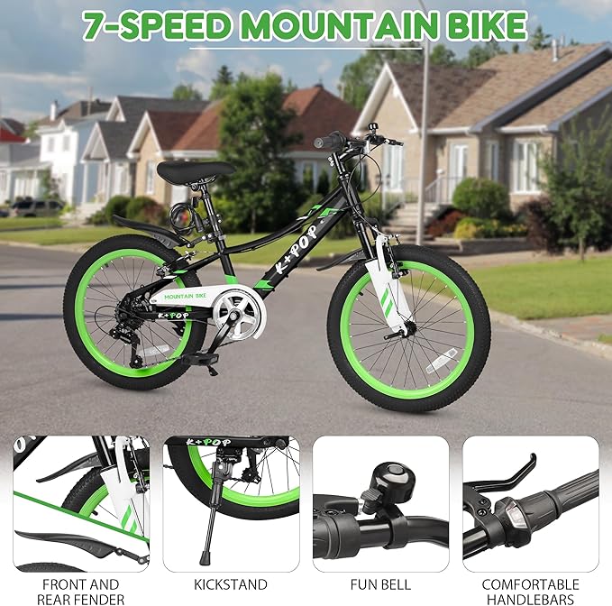 20 24 Inch Kids Bike, 7-Speed Girls Boy Mountain Bike, Front Suspension Fork Kids' Bicycles Girls Boys Bikes Ages 8-12, Front and Rear V Brakes