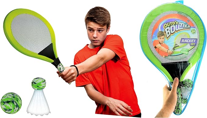 Badminton Set with 2 Rackets, Beach Ball and Birdie - Assorted Colors - Light Paddle Ball Tennis Racket Outdoor Games Beach Toy Set 5135