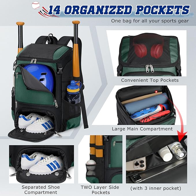 RAINSMORE Baseball Backpack, Lightweight Softball Bag with Shoe Compartment Baseball Bag for Youth & Adult Softball Bat Bag with Fence Hook Helmet Holder Sports Backpack for T-Ball