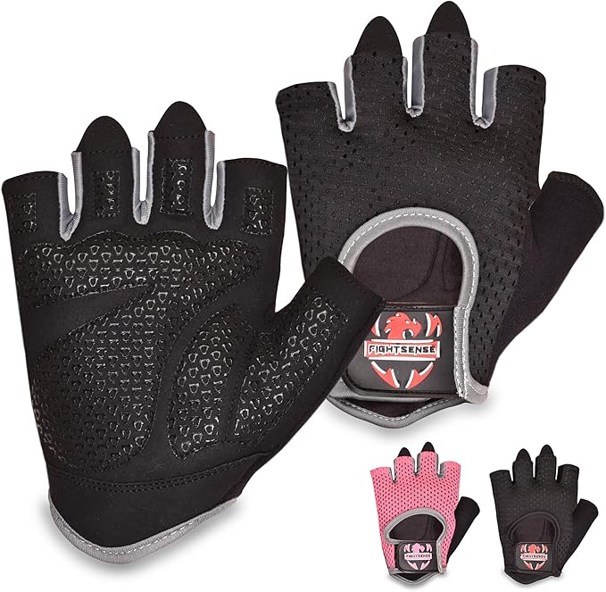 FIGHTSENSE Workout Gloves for Men Women, Weight Lifting Gloves with Non-Slip Silicon Padded Palm, Breathable, Lightweight Exercise Gym Gloves for Weightlifting Powerlifting Cycling Rowing