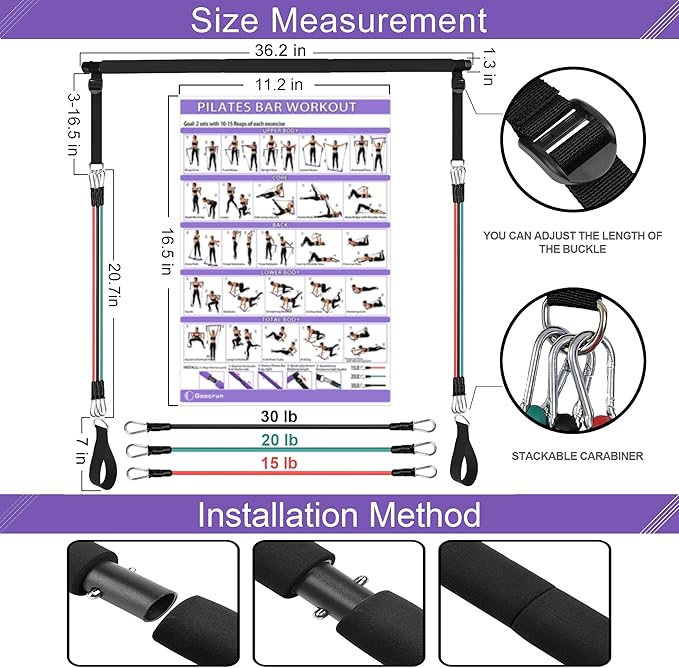 Portable Pilates Bar Kit with Resistance Bands for Men and Women - 3 Set Exercise Resistance Bands - Multifunctional Home Gym - Supports Full-Body Workouts – with Fitness Poster and Video