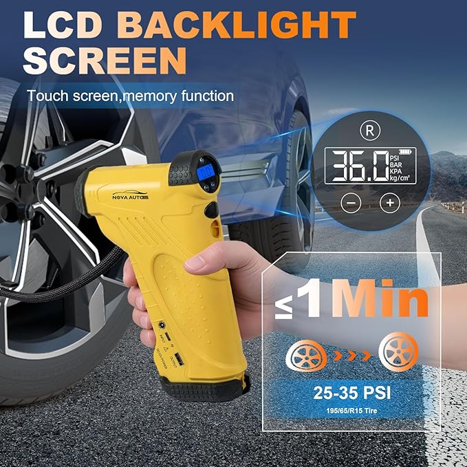 Tire Inflator Portable Air Compressor,12V 150PSI Handheld Air Compressor with Gauge,Rechargeable Tire Pump with Digital Gauge & LED Light,Air Pump Emergency for Cars, Bikes, Dirt Bikes,RV