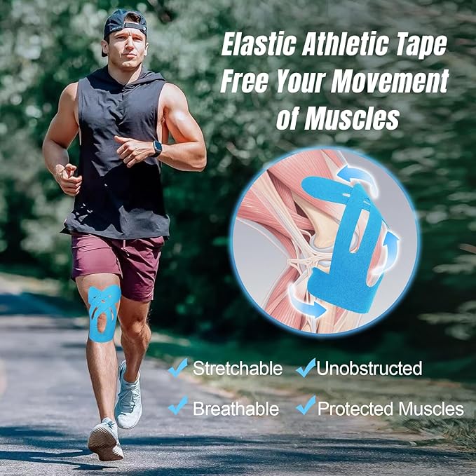 Waterproof Kinesiology Tape for Shoulders/Knees, 10 Precut Strips for Knee Pain Relief (Blue), Elastic Strong Adhesive Athletic Tape, Latex-Free Hypoallergenic Sports Tape